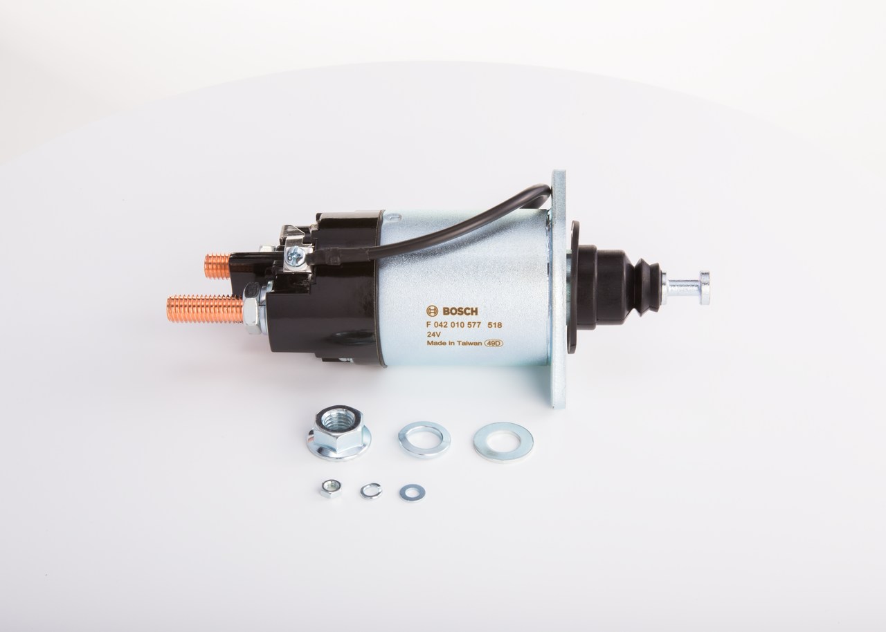 Solenoidinis jungiklis, starteris BOSCH F 042 010 577 tinka BMW, AUDI, VOLKSWAGEN, MERCEDES-BENZ, VOLVO pigu