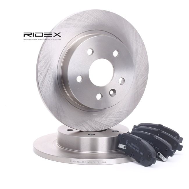 RIDEX 3405B0214 Stabdžių diskai ir kaladėlės RENAULT CLIO 2 (BB0/1/2, CB0/1/2) 1.2 (BB0A, BB0F, BB10, BB1K, BB28, BB2D, BB2H, CB0A,... benzinas 58 AG 2004